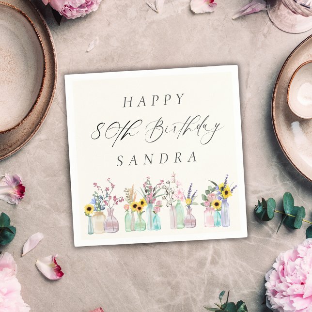 Serviette En Papier Elégante aquarelle florale Joyeux 80e anniversaire (Créateur téléchargé)