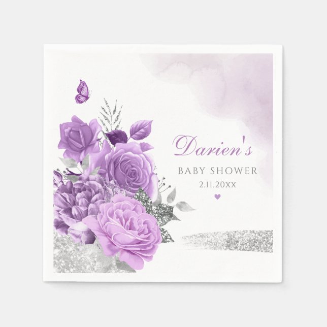 Serviette En Papier Elégante Aquarelle mignonne violet Baby shower flo (Devant)
