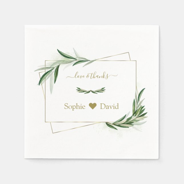 Serviette En Papier Elégante aquarelle Olive Greenery Mariage or (Devant)