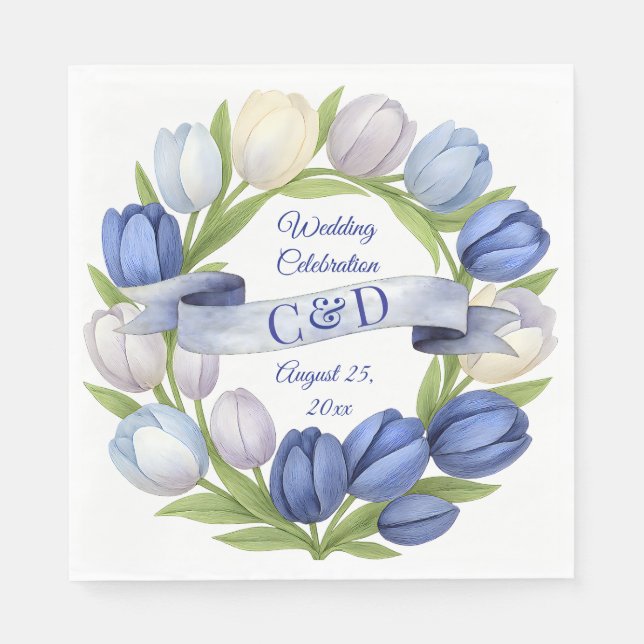 Serviette En Papier Elégante aquarelle Tulipe Mariage de couronne bleu (Devant)