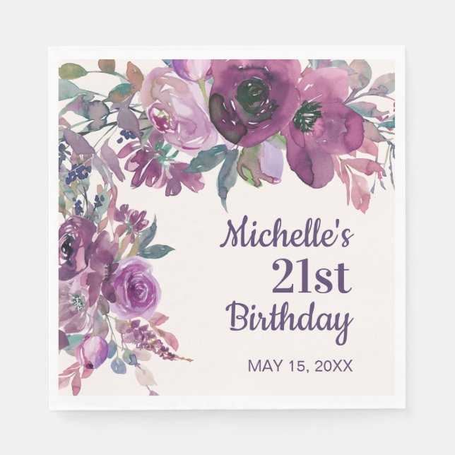 Serviette En Papier Elégante aquarelle violette Florale 21e anniversai (Devant)