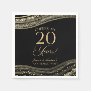 Serviette En Papier Élégante Black Gold Agate 20e anniversaire fête