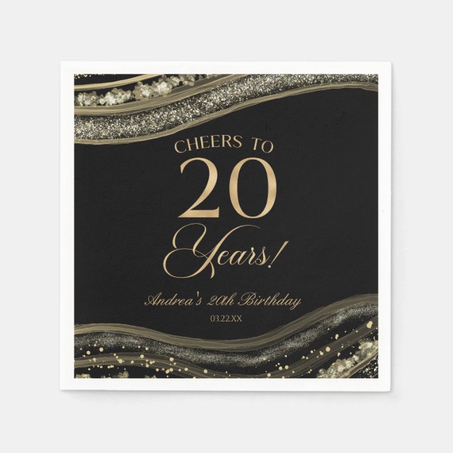 Serviette En Papier Elégante Black Gold Agate 20e fête d'anniversaire (Devant)
