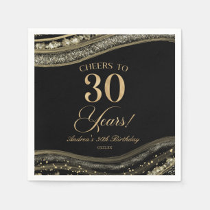 Serviette En Papier Elégante Black Gold Agate 30e fête d'anniversaire
