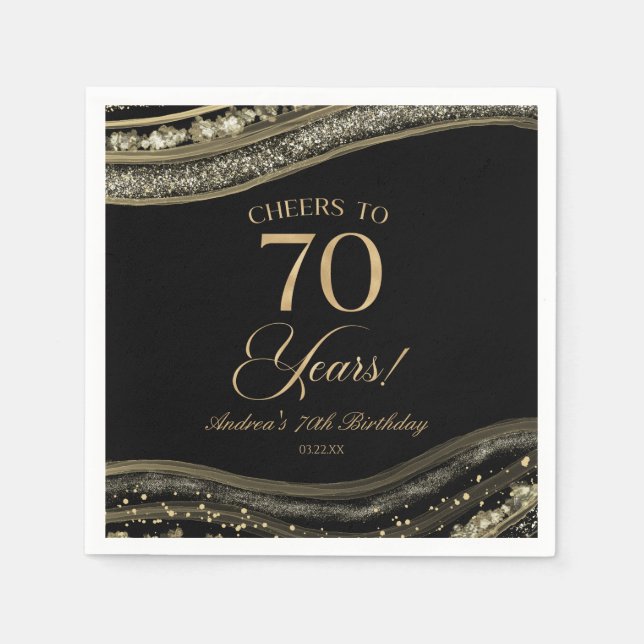 Serviette En Papier Elégante Black Gold Agate 70e fête d'anniversaire (Devant)