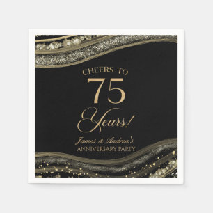 Serviette En Papier Élégante Black Gold Agate 75e anniversaire fête