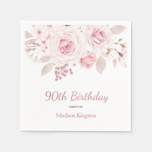 Serviette En Papier Elégante Blush Rose Floral 90e fête d'anniversaire