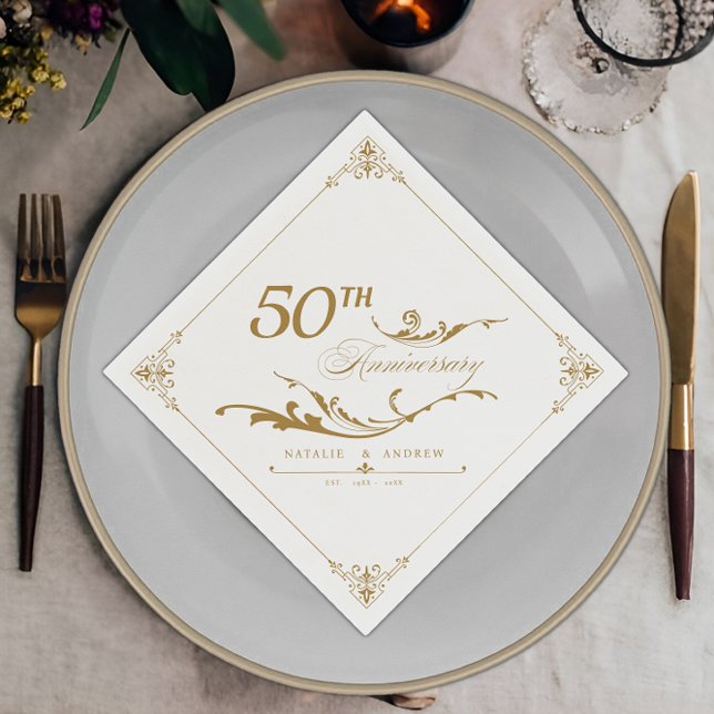 Serviette En Papier Elégante Bordure Golden Anniversaire Couple Noms (Créateur téléchargé)