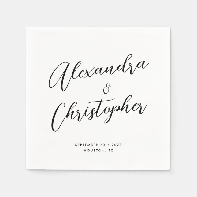 Serviette En Papier Élégante calligraphie fleurie Noms Mariage (Devant)