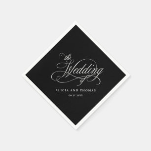 Serviette En Papier Élégante calligraphie Mariage noir et argent