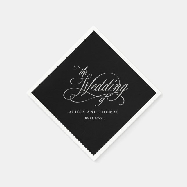 Serviette En Papier Élégante calligraphie Mariage noir et argent (Coin)