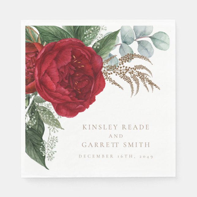 Serviette En Papier Élégante calligraphie or Rouge Floral Mariage (Devant)