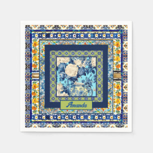Serviette En Papier Élégante chine à carreaux bleu floral note monogra