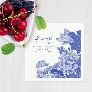 Serviette En Papier Élégante Chinoiserie Bleue Blanc M. et Mme Mariage