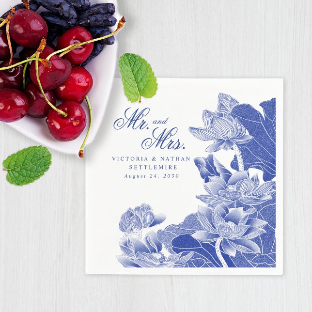 Serviette En Papier Élégante Chinoiserie Bleue Blanc M. & Mme Mariage (Créateur téléchargé)