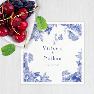 Serviette En Papier Elégante Chinoiserie Bleue Blanc Mariage Floral