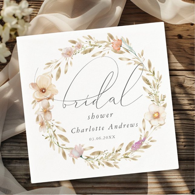Serviette En Papier Élégante, couronne de boho, Fête des mariées d'écr (Personalized, elegant, boho wreath, handwriting Bridal Shower Napkins)