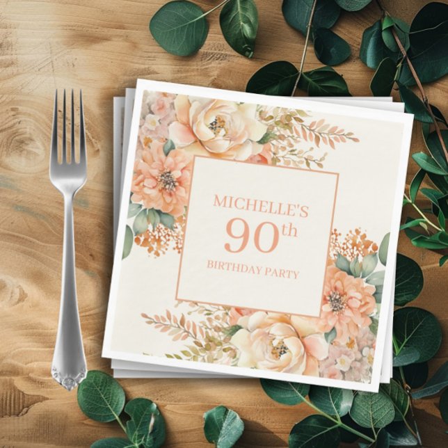 Serviette En Papier Elégante Crème de Pêche Florale 90e anniversaire (Peach and cream-colored watercolor floral birthday party paper napkins)