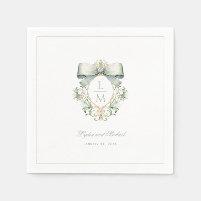 Serviette En Papier Élégante crête avec mâchoire verte Sage | Mariage  (Devant)