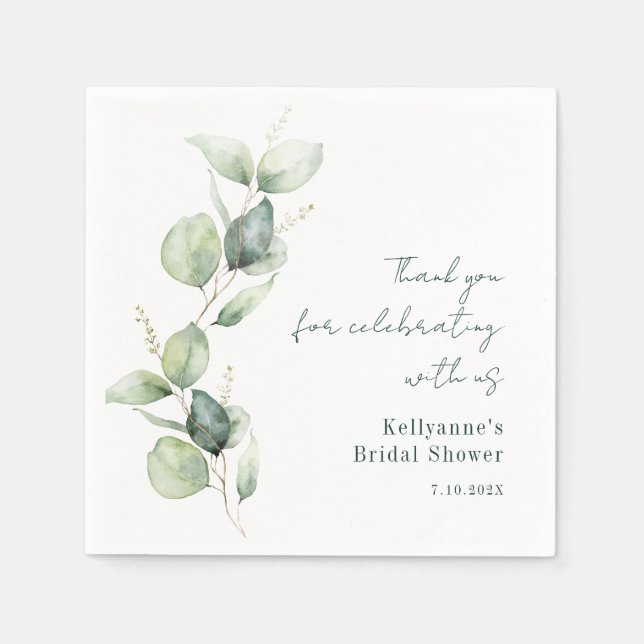 Serviette En Papier Élégante douche de mariée à l'aquarelle d'eucalypt (Devant)