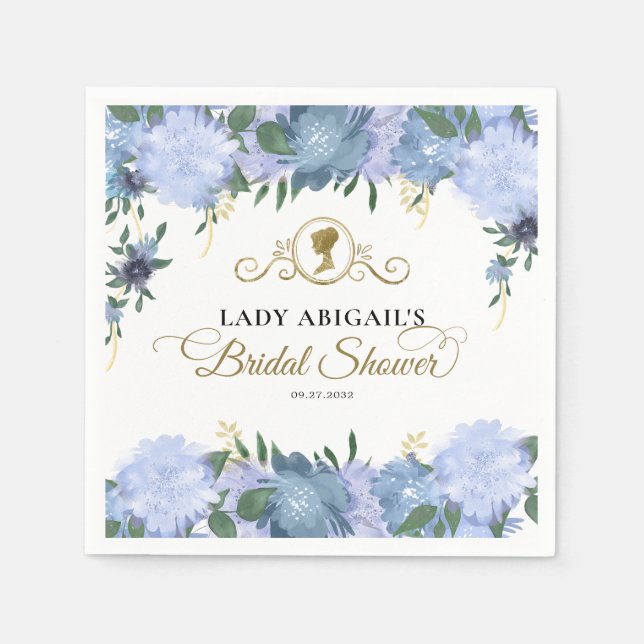 Serviette En Papier Élégante Douche de Mariée Florale Bleu Poussiéreux (Devant)