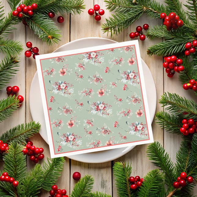 Serviette En Papier Élégante douche de mariée florale hivernale rouge  (Créateur téléchargé)