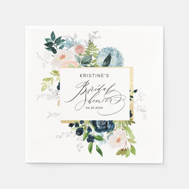 Serviette En Papier Élégante Douche de Mariée Rose Bleu Aquarelle (Devant)