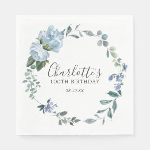Serviette En Papier Elégante Dusty Blue Floral 100e Anniversaire Perso