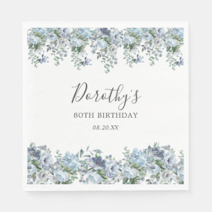 Serviette En Papier Elégante Dusty Blue Floral 80e Anniversaire Person