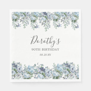 Serviette En Papier Elégante Dusty Blue Floral 90e Anniversaire Person