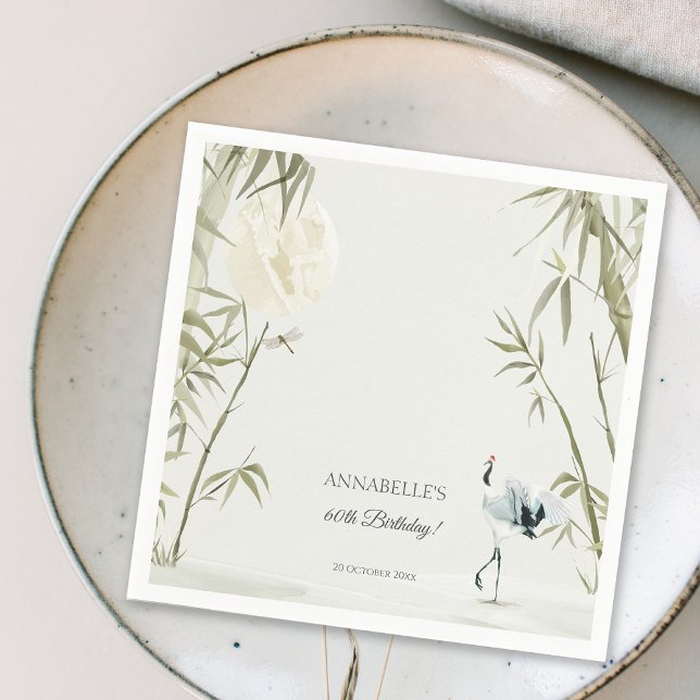 Serviette En Papier Elégante fête d'anniversaire de la grue de bambou  (Elegant Oriental Bamboo Crane Birthday Party Napkins)