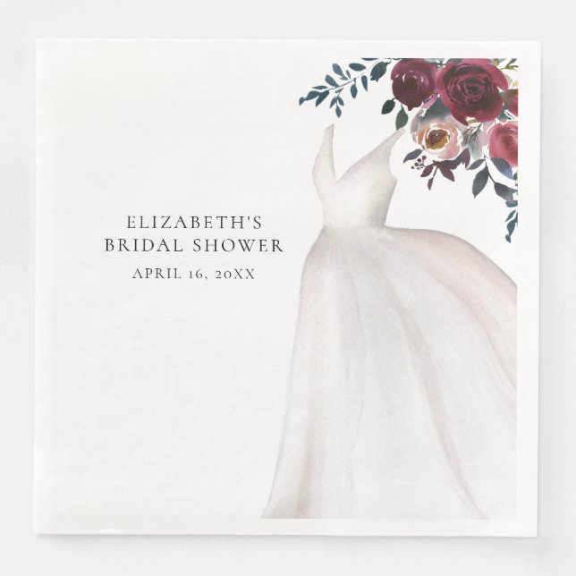 Serviette En Papier Élégante Fête de Mariage Florale Bourgogne (Devant)