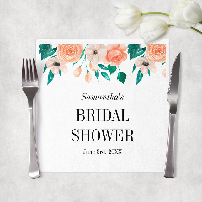 Serviette En Papier Elégante Fête des mariées de pêche personnalisée f (Elegant Peach Bridal Shower Personalized Floral Napkins
)