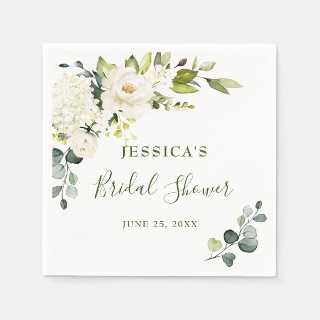 Serviette En Papier Elégante Fête des mariées Eucalyptus White Roses (Devant)