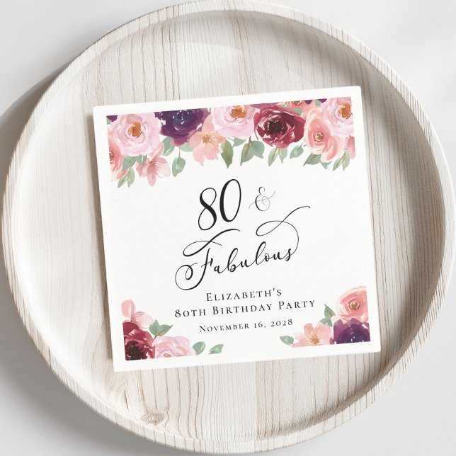 Serviette En Papier Elégante fête florale 80e anniversaire (Créateur téléchargé)