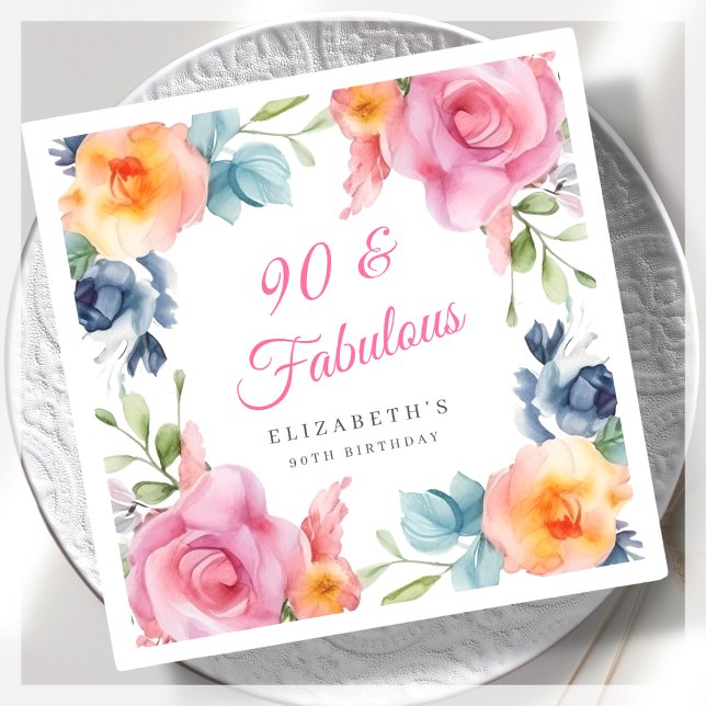 Serviette En Papier Elégante fête florale 90e anniversaire (Créateur téléchargé)