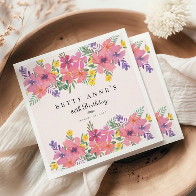 Serviette En Papier Élégante fête florale rose pourpre 80e anniversair (Créateur téléchargé)