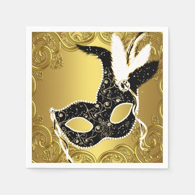 Serviette En Papier Élégante fête mascarade noire et or (Devant)