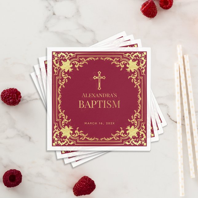 Serviette En Papier Elégante fille Baptême Bourgogne Faux Gold Foil Cr (Créateur téléchargé)
