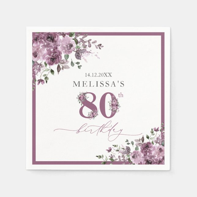 Serviette En Papier Elégante Fleurs violettes 80e fête d'anniversaire (Devant)