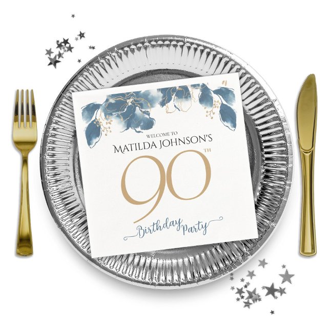 Serviette En Papier Elégante Floral Custom 90e fête d'anniversaire (Elegant Floral Custom 90th Birthday Party Napkins)
