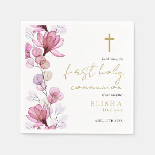 Serviette En Papier Élégante florale rose Première communion sainte