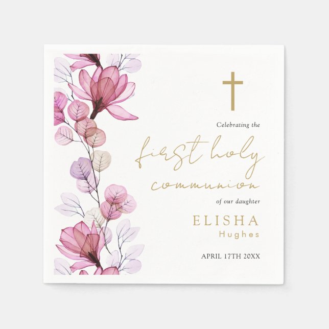 Serviette En Papier Élégante florale rose Première communion sainte (Devant)