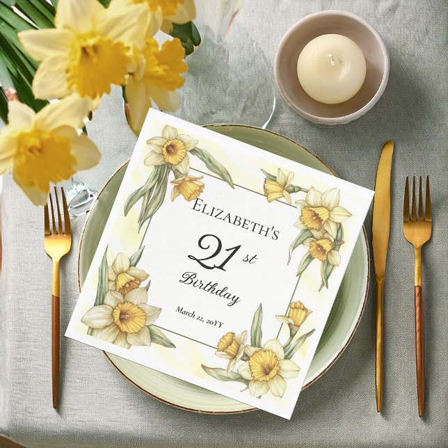 Serviette En Papier Élégante jonquille jaune Floral 21e anniversaire (Elegant Yellow Daffodils Floral 21st Birthday Party Napkins)