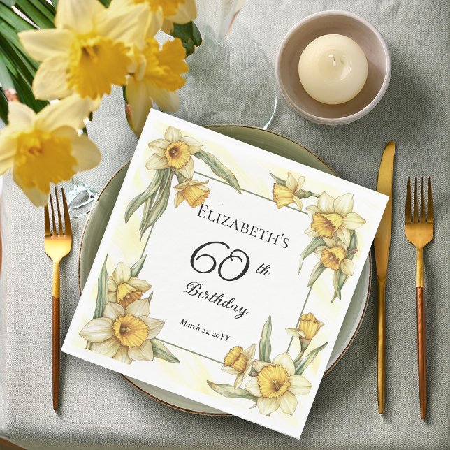 Serviette En Papier Élégante jonquille jaune Floral 60e anniversaire (Elegant Yellow Daffodils Floral 60th Birthday Party Napkins)