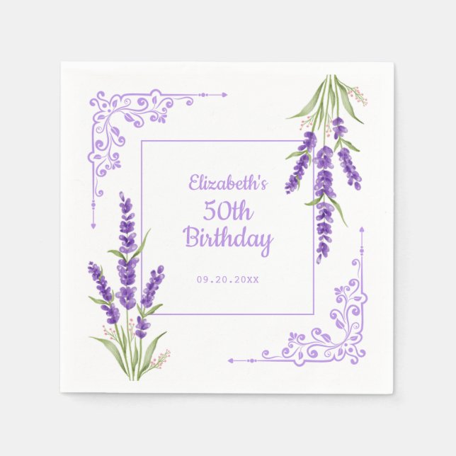 Serviette En Papier Elégante Lavande violette Antique Frame Anniversai (Devant)