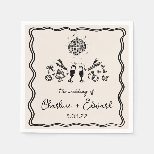 Serviette En Papier Élégante main tirée Rétro Mariage noir serviettes (Devant)
