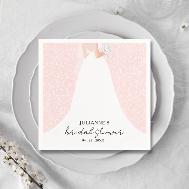 Serviette En Papier Élégante mariée sur Fête des mariées rose (Elegant bride in her gown on a background of sketched roses on pink bridal shower napkins)