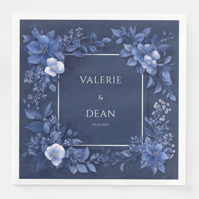 Serviette En Papier Elégante Marine Blue Floral Mariage Napkins (Devant)