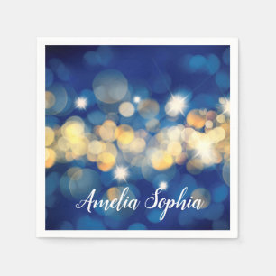 Serviette En Papier Elégante Marine et Gold Bokeh Quinceañera